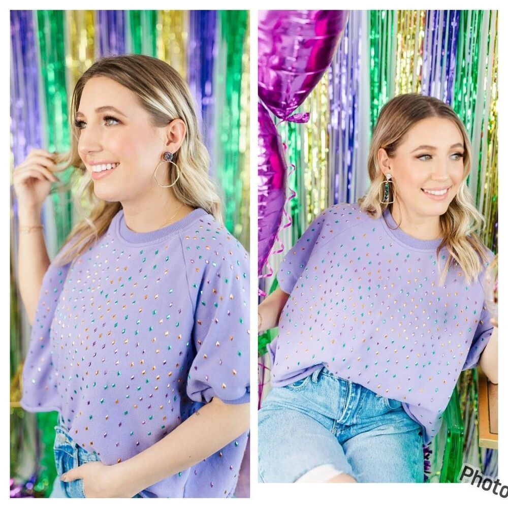 Queen Of Sparkles Purple Rhinestone Sweater Top Large Women